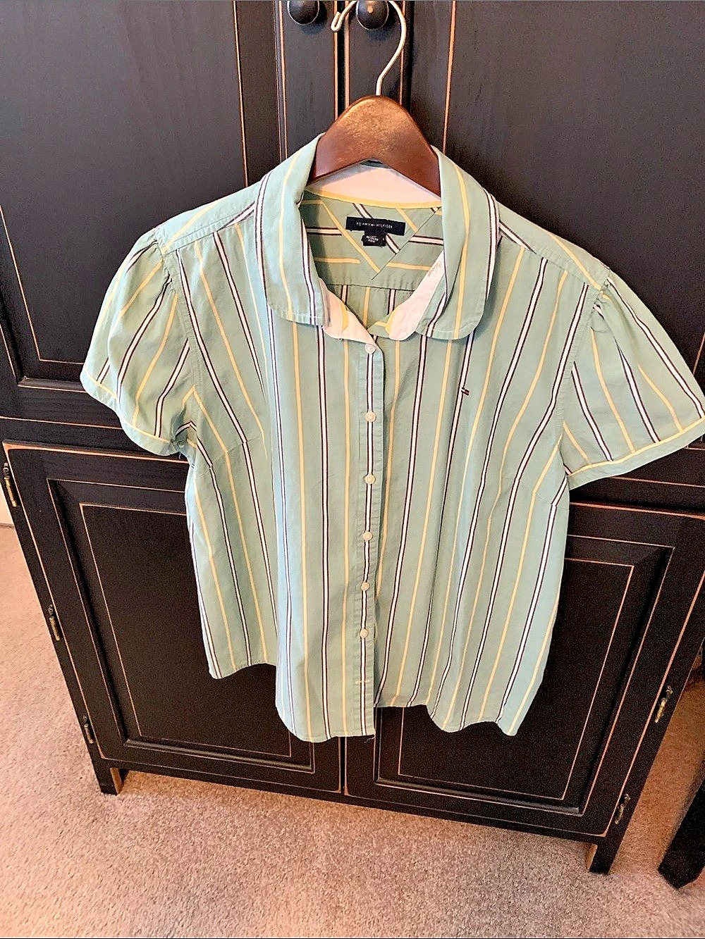 Tommy Hilfiger Striped Short Sleeve Shirt in Green & Blue Like New